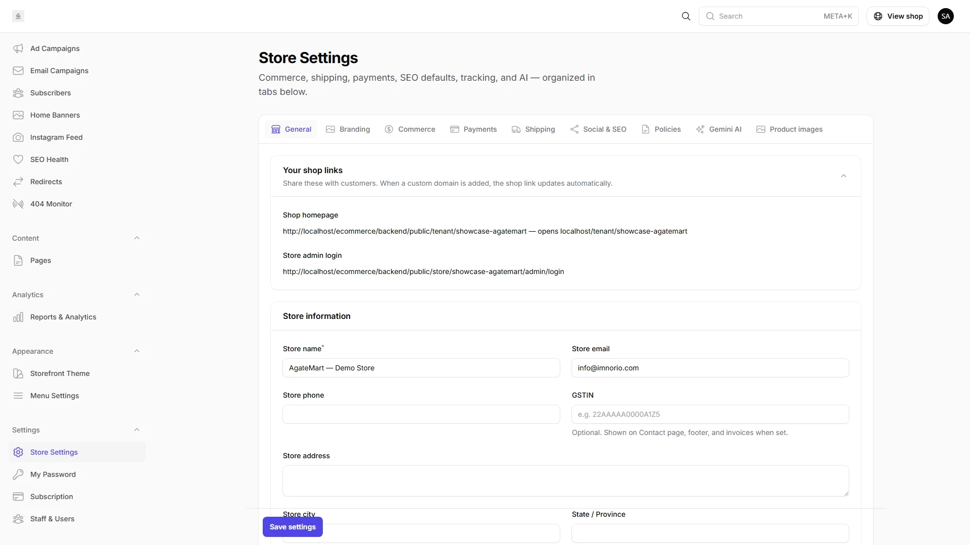 IMNORIO store settings showing Social and SEO meta fields.