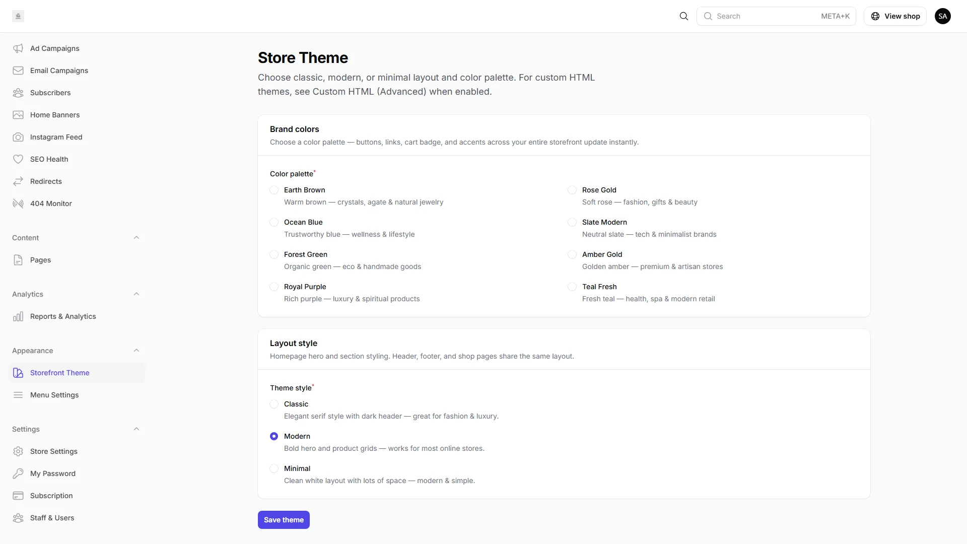 IMNORIO storefront theme settings with theme selection and color palette options.